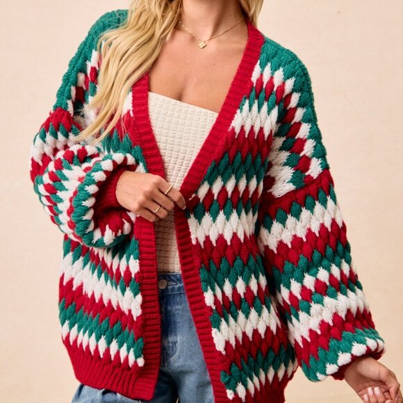 BIBI Christmas Chunky Knit Red Green White Cardigan - Picture 7 of 14